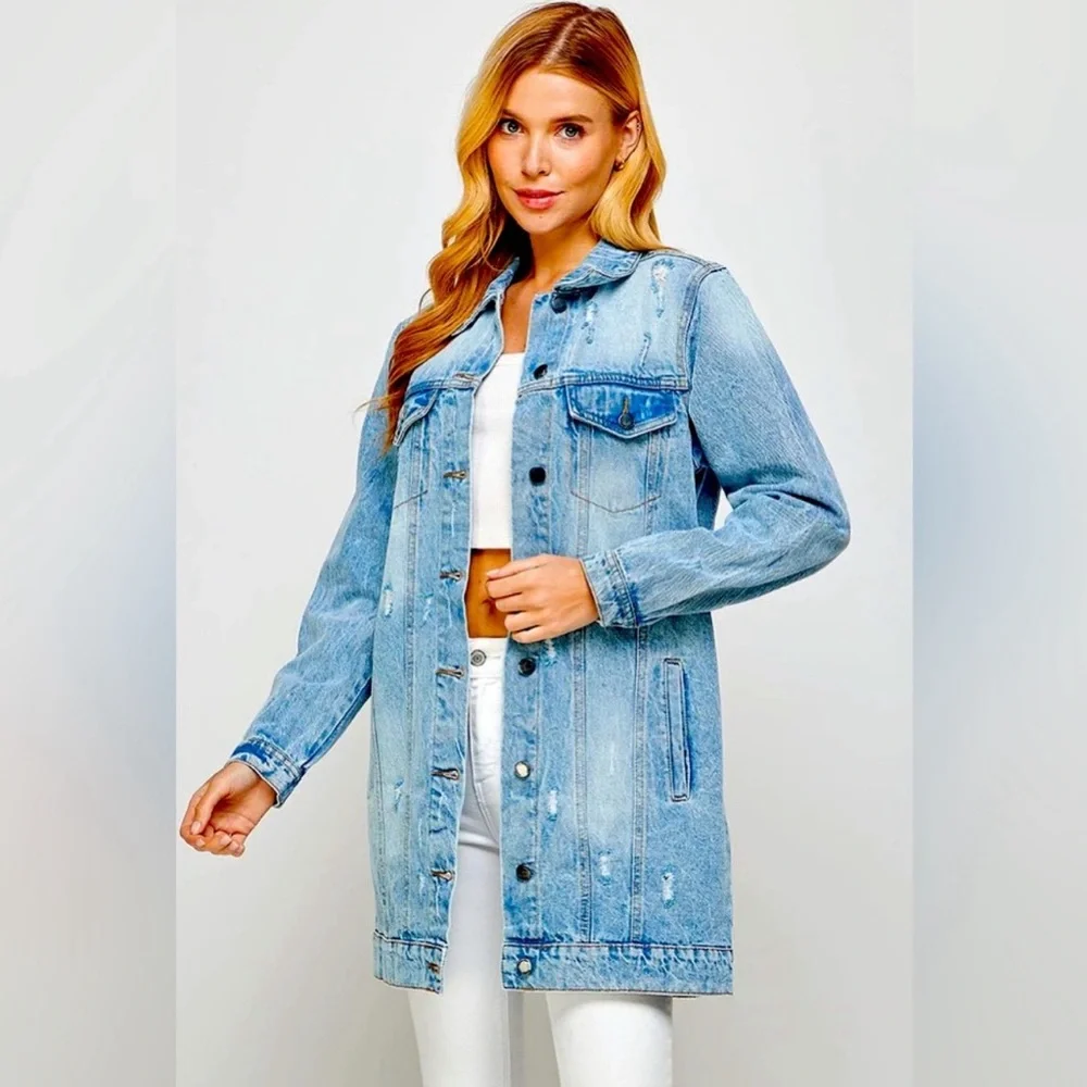 Filigree Heart Hand Painted Mid  Length Denim Jacket - Picture 6 of 7